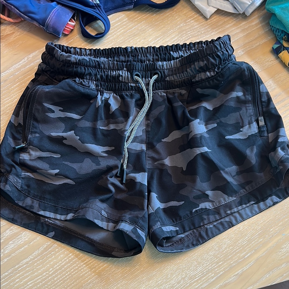 Athleta Black and Gray Athletic Shorts with Camouflage Pattern